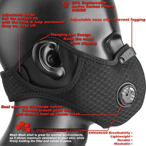 Side View of Black Dual Valve Ear Loop Mask with Adjustable strap